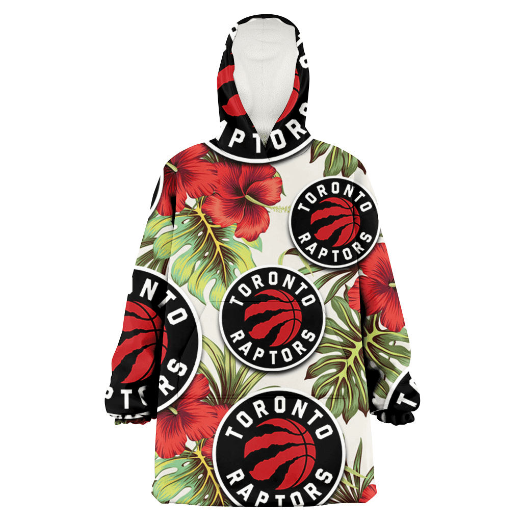 Toronto Raptors Red Hibiscus Green Tropical Leaf Cream Background 3D Printed Hoodie Blanket Snug Hoodie