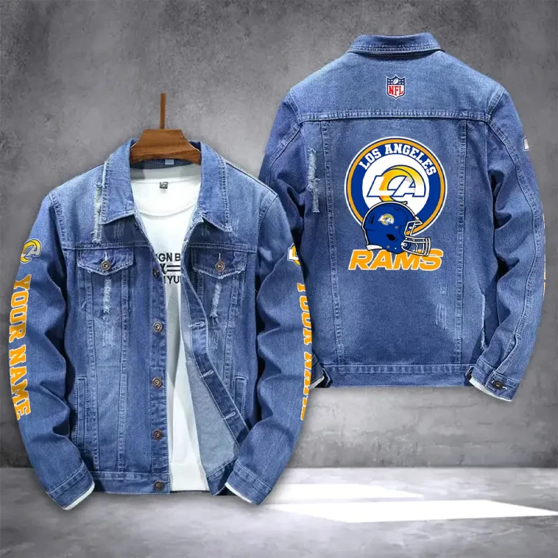 Los Angeles Rams NFL Team Name Personalized Sleeve Back Logo Blue Denim Jacket