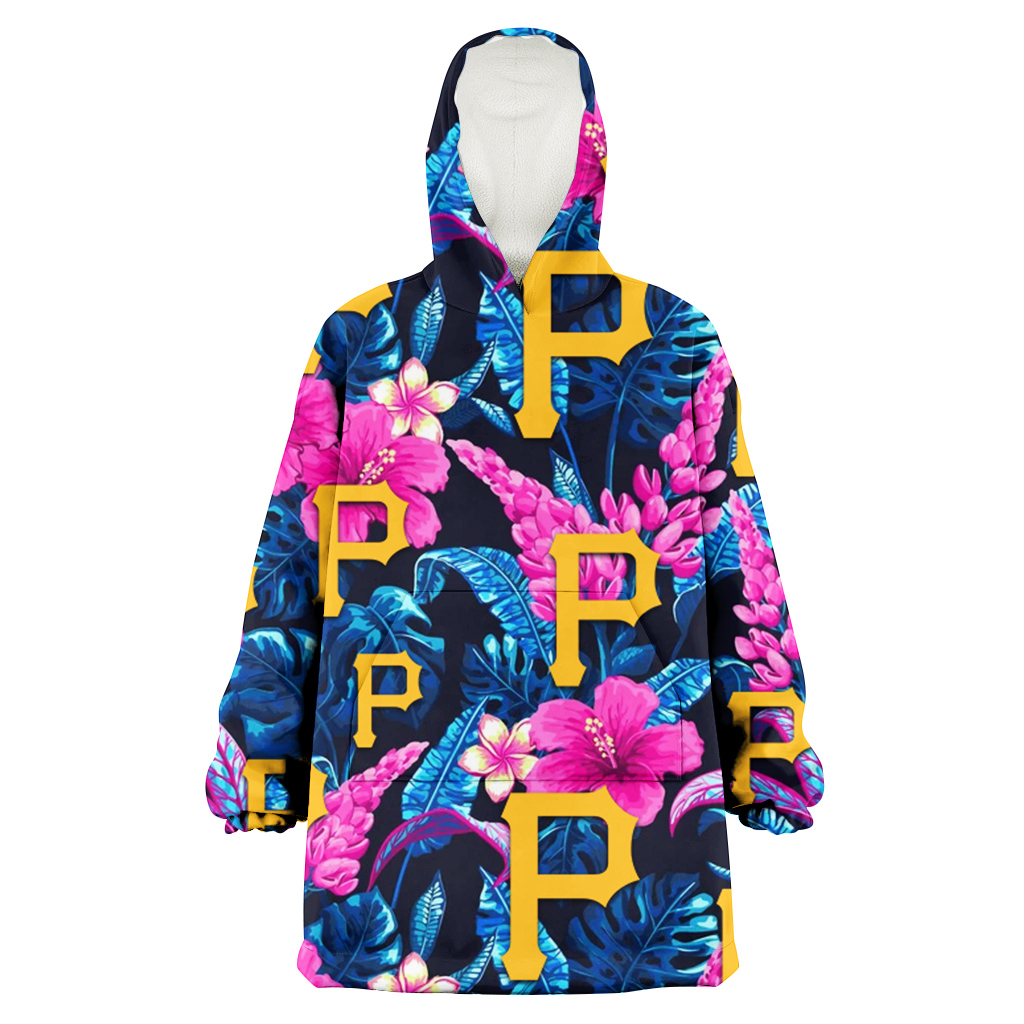 Pittsburgh Pirates Violet Red Hibiscus Blue Leaf Black Background 3D Printed Hoodie Blanket Snug Hoodie