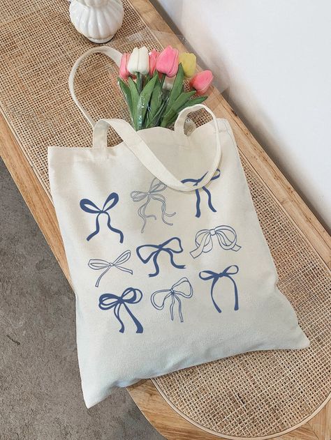 Blue Bow Cotton Canvas Tote Bag, Trendy Coquette Tote Bag, Sustainable Farmer’s Market Tote, Reusable Grocery Bags