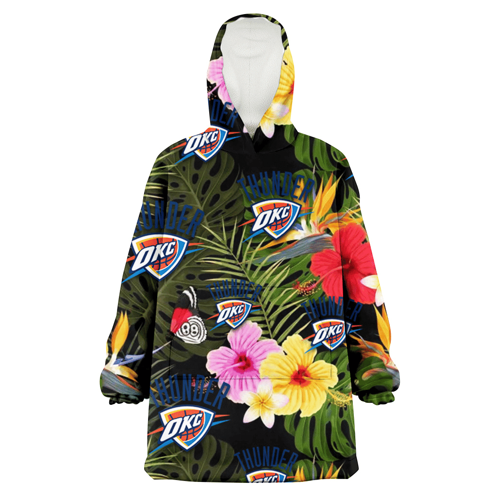 Oklahoma City Thunder Colorful Hibiscus Green Leaf Back Background 3D Printed Hoodie Blanket Snug Hoodie