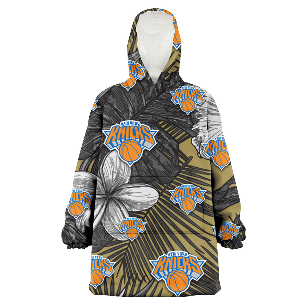 New York Knicks Gray Sketch Hibiscus Yellow Palm Leaf Black Background 3D Printed Hoodie Blanket Snug Hoodie