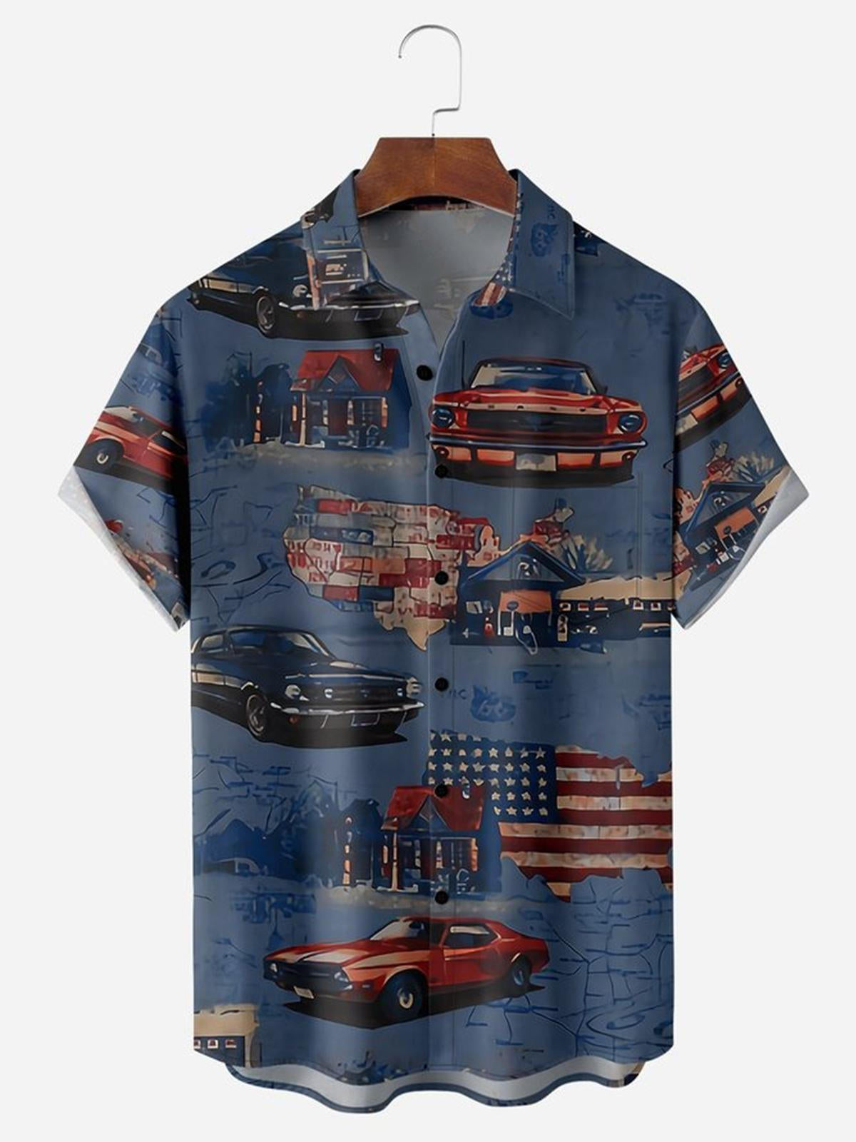 American Flag Car Chest Pocket Men’S Hawaiian Shirts