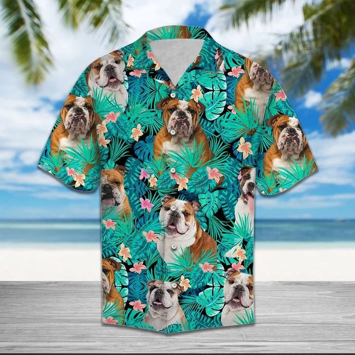 Bulldog Lovers Tropical Palm Tree Leaves Summer Vacation Aloha Hawaiian Shirt