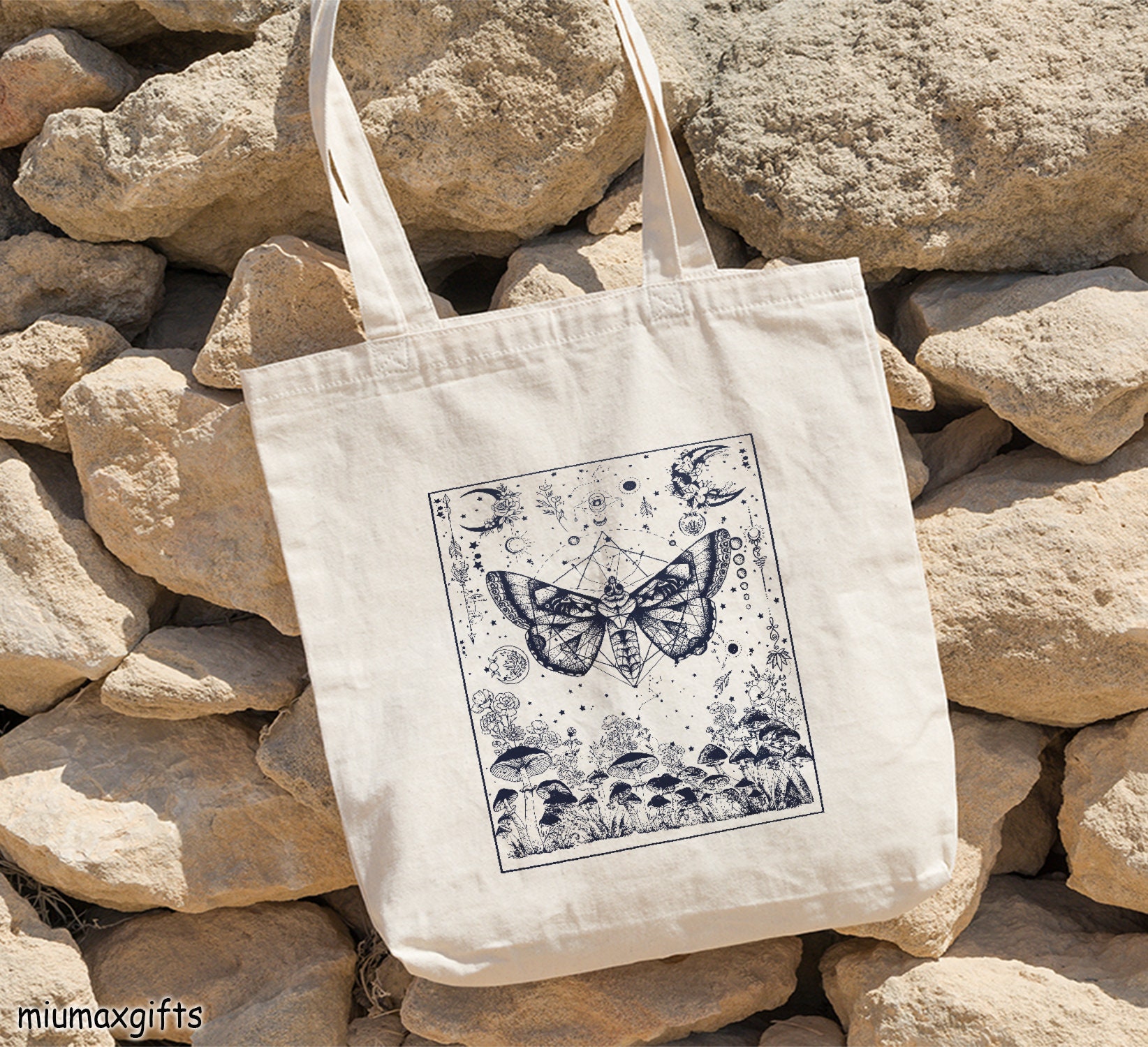 Moon Moth Mushroom Tote Bag, Mushroom Bag, Celestial Moon Moth Tote Bag, Mushroom Tote Bag, Cottagecore Tote Bag, Magic Bag, Canvas Tote Bag