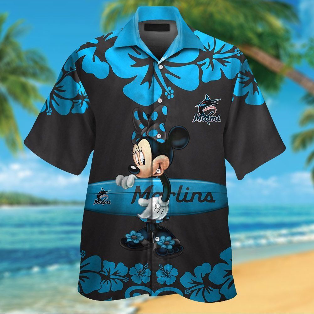 Miami Marlins Minnie Mouse Short Sleeve Button Up Tropical Hawaiian Shirt