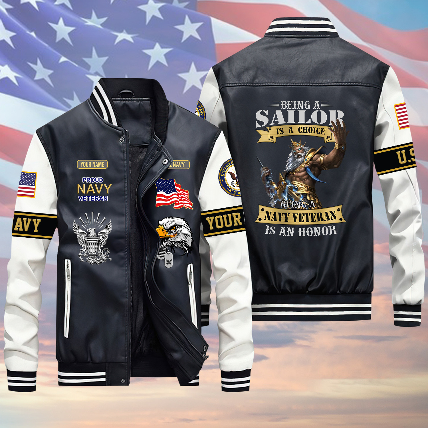 Being A Sailor Is A Choice US Navy Veteran V1 Green Winter Gear Leather Bomber Leterman Varsity Jacket