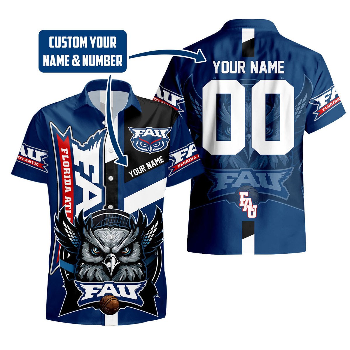 Florida Atlantic Owls Men’S Basketball Pattern Custom Name And Number 3D Hawaiian Shirt