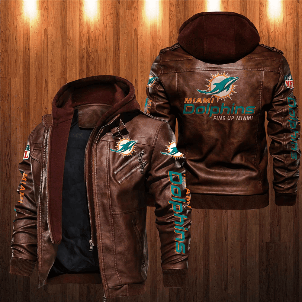 Miami Dolphins Zip Leather Jacket With Hood