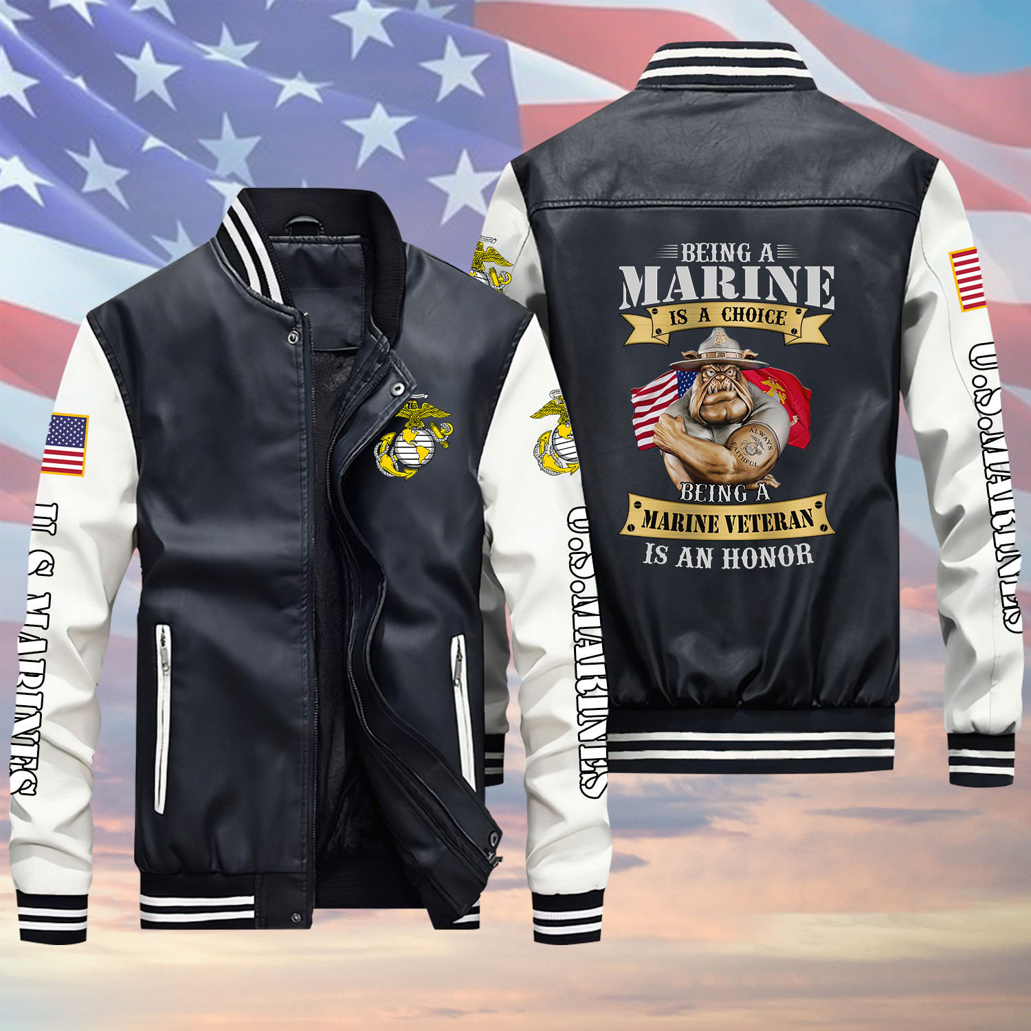 Being An U.S Marine Veteran Is An Honor Black Winter Gear Leather Bomber Leterman Varsity Jacket