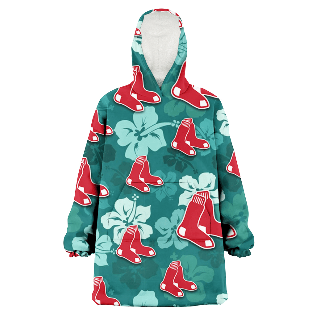 Boston Red Sox Light Sea Green Hibiscus Green Background 3D Printed Hoodie Blanket Snug Hoodie