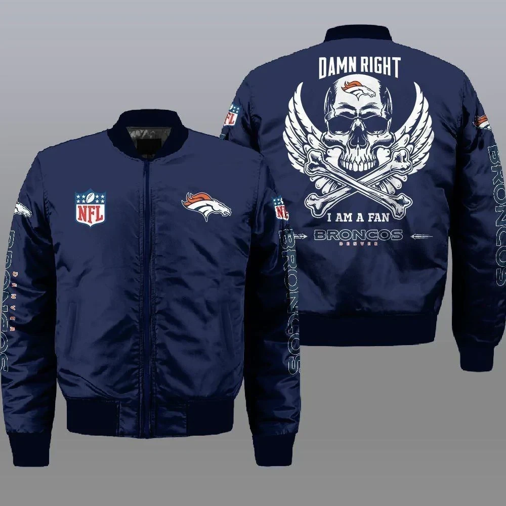 Denver Broncos Wings Skull Pattern Bomber Jacket Navy Blue