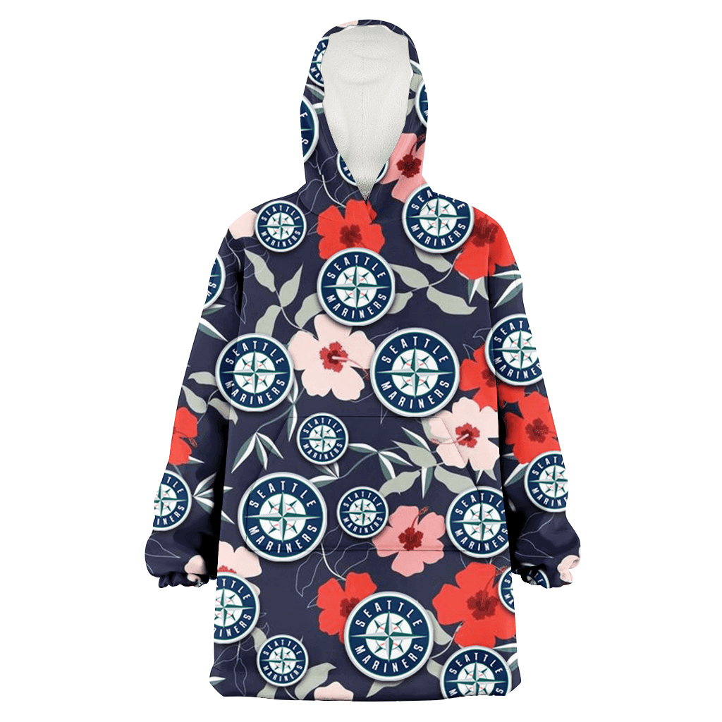 Seattle Mariners Red Pink White Hibiscus Black Background 3D Printed Hoodie Blanket Snug Hoodie