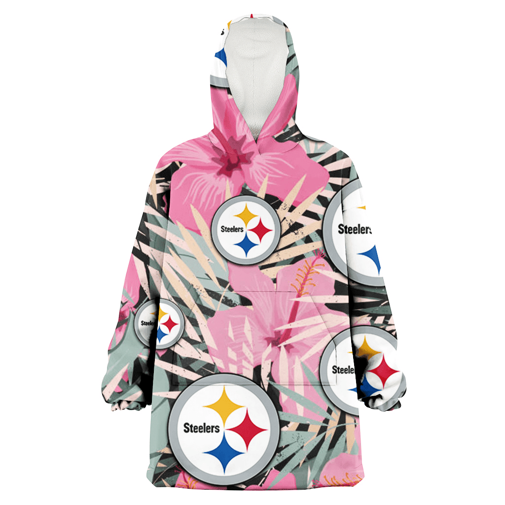 Pittsburgh Steelers Light Pink Hibiscus Pale Green Leaf Black Background 3D Printed Hoodie Blanket Snug Hoodie