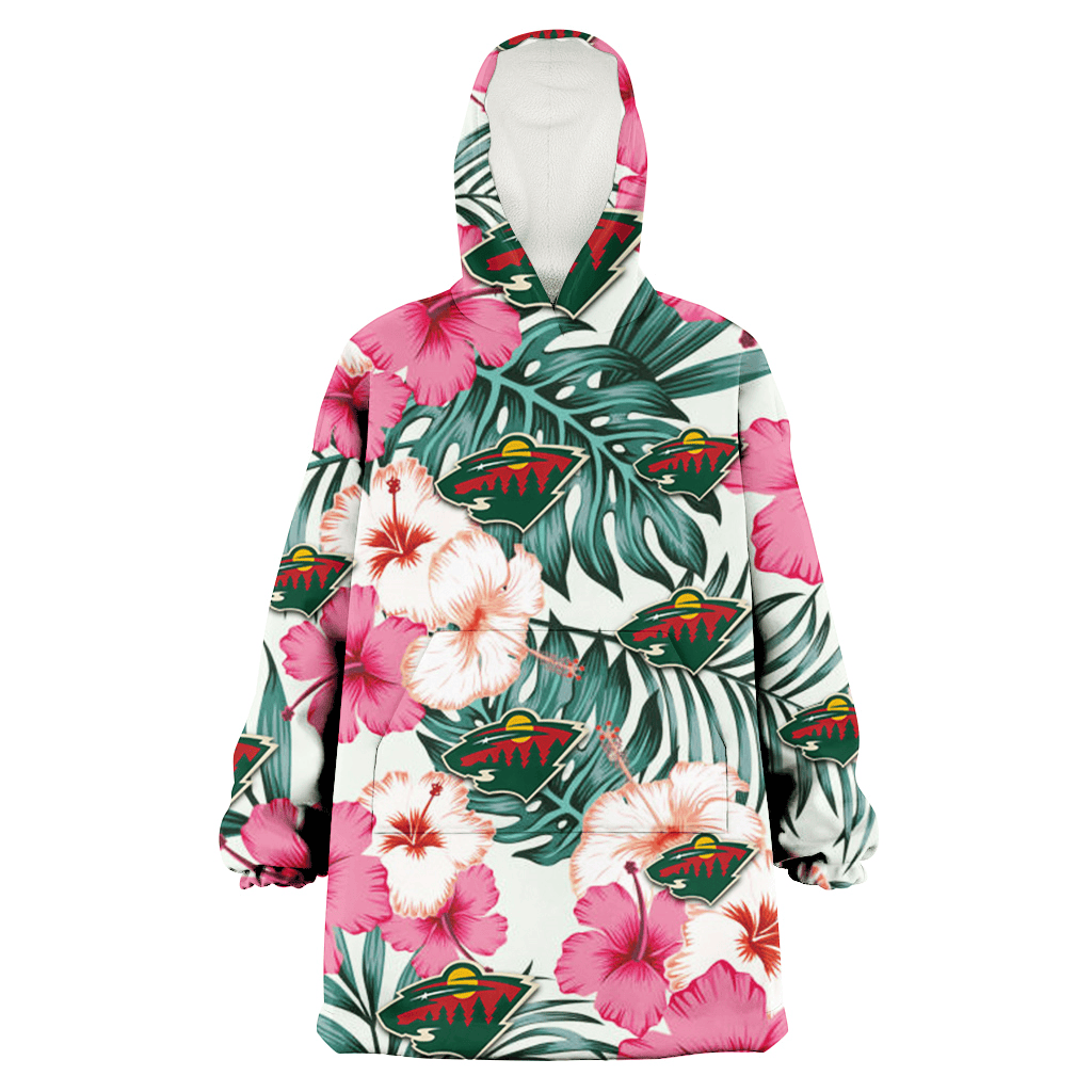 Minnesota Wild Coral Pink Hibiscus Green Leaf Beige Background 3D Printed Hoodie Blanket Snug Hoodie