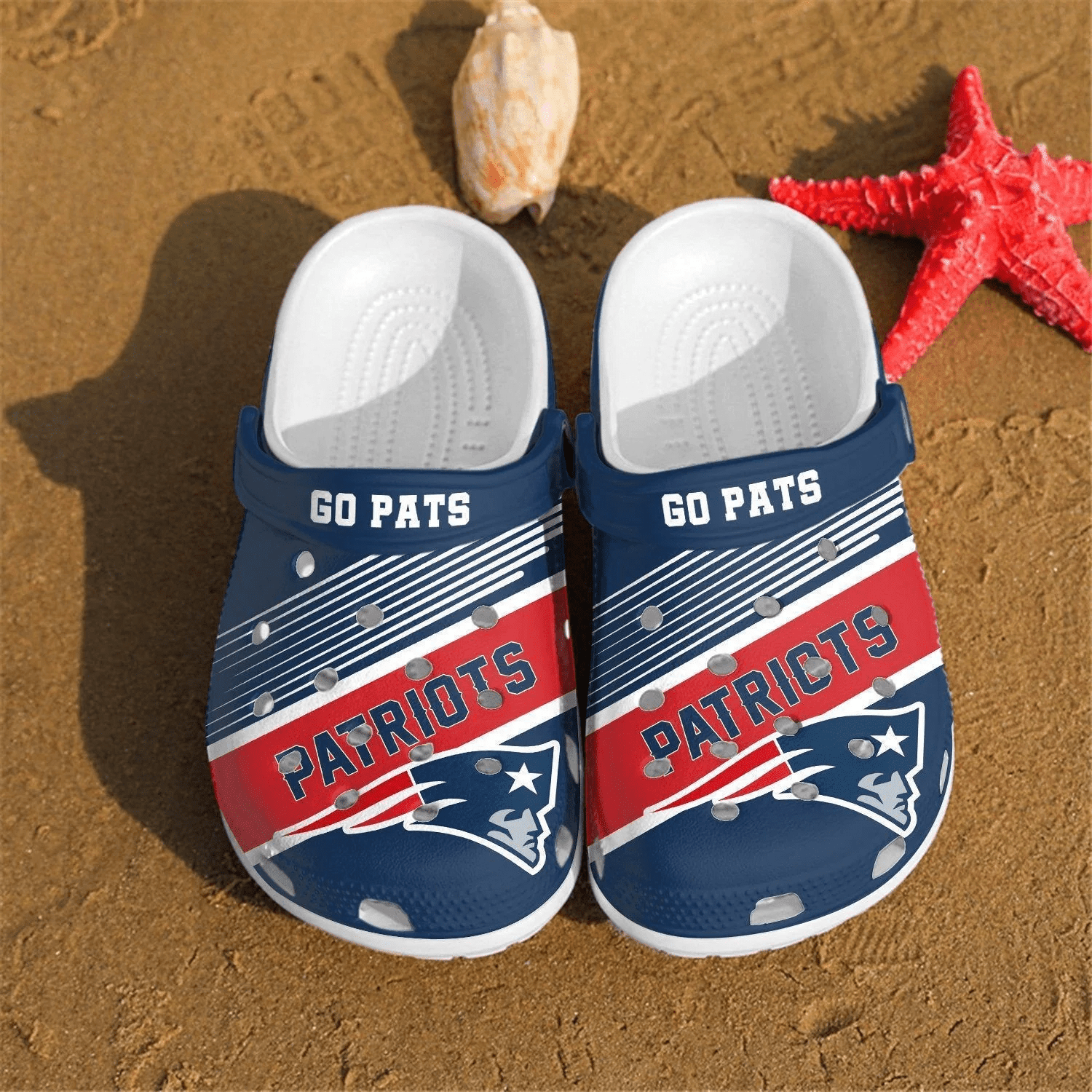 New England Patriots Logo Pattern Crocss Classic Clogs Shoes In Blue & Red Ver736