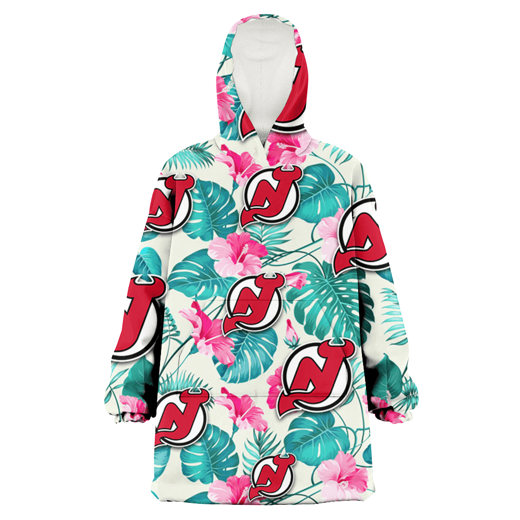 New Jersey Devils Pink Hibiscus Green Leaf Beige Background 3D Printed Hoodie Blanket Snug Hoodie