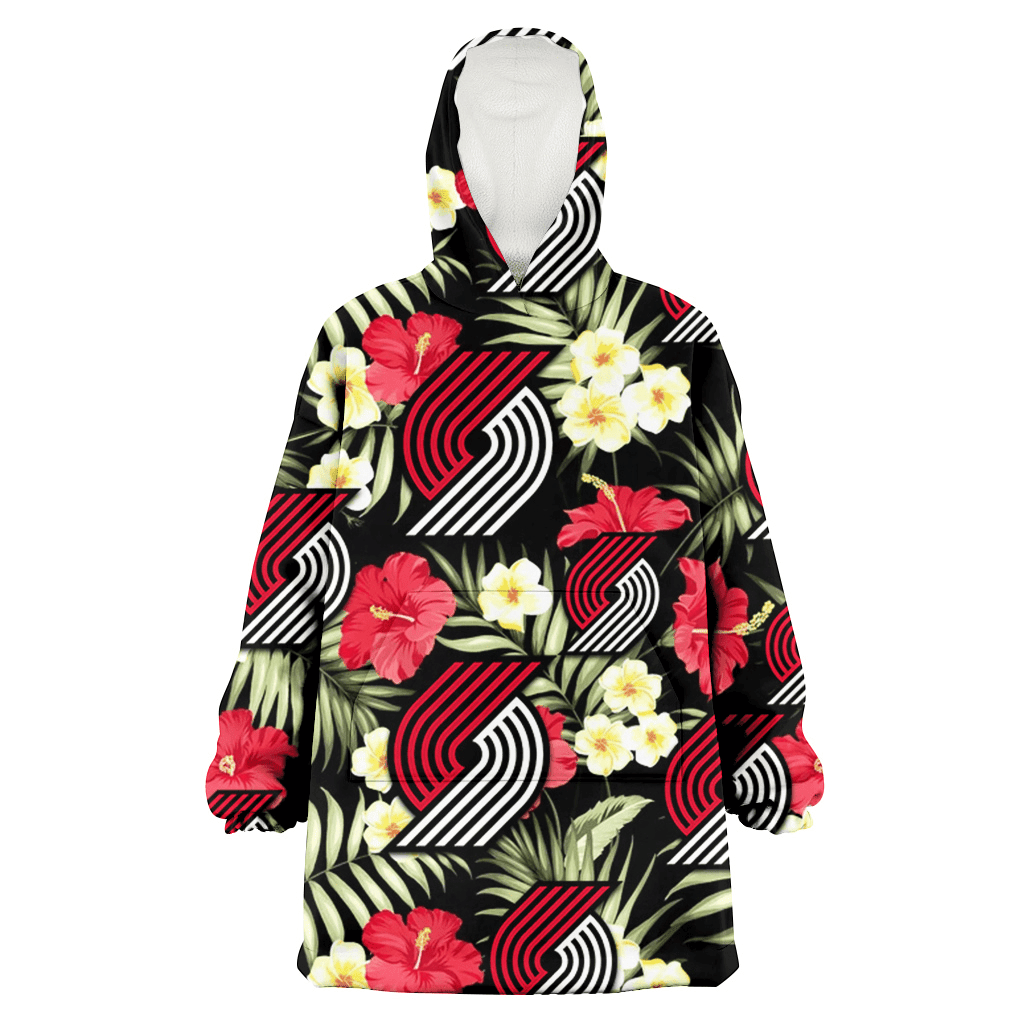 Portland Trail Blazers Red Hibiscus Yellow Porcelain Flower Black Background 3D Printed Hoodie Blanket Snug Hoodie