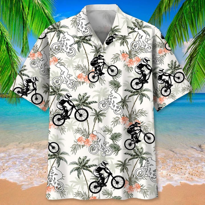 Mountain Bike Tropical Tree Hawaiian Shirt, Men’S Unisex Summer Beach Casual Short Sleeve Summer Vacation Beach Shirts