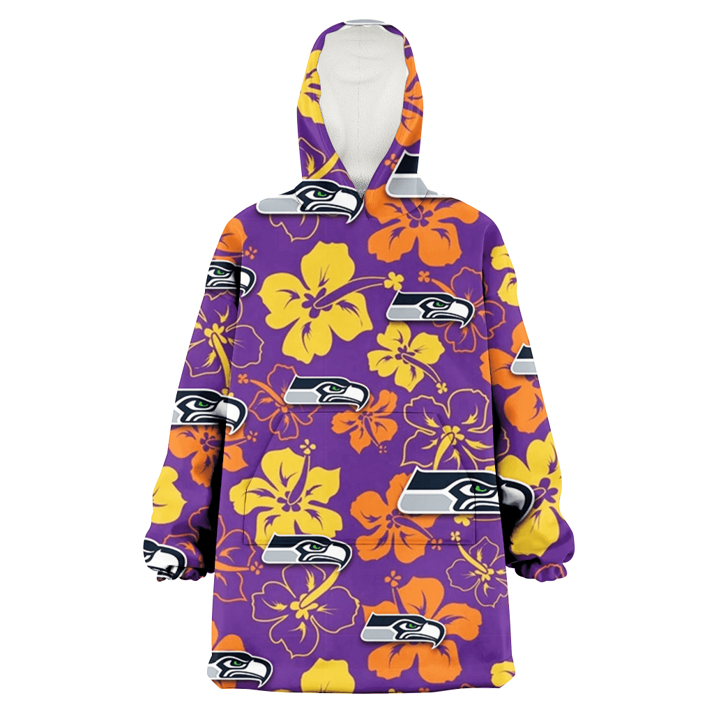 Seattle Seahawks Yellow And Orange Hibiscus Purple Background 3D Printed Hoodie Blanket Snug Hoodie