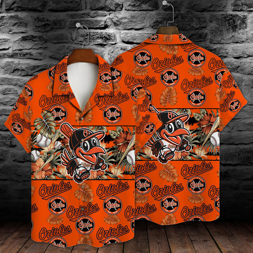 Baltimore Orioles Mascot And Leaves Tropical Pattern Hawaiian Shirt