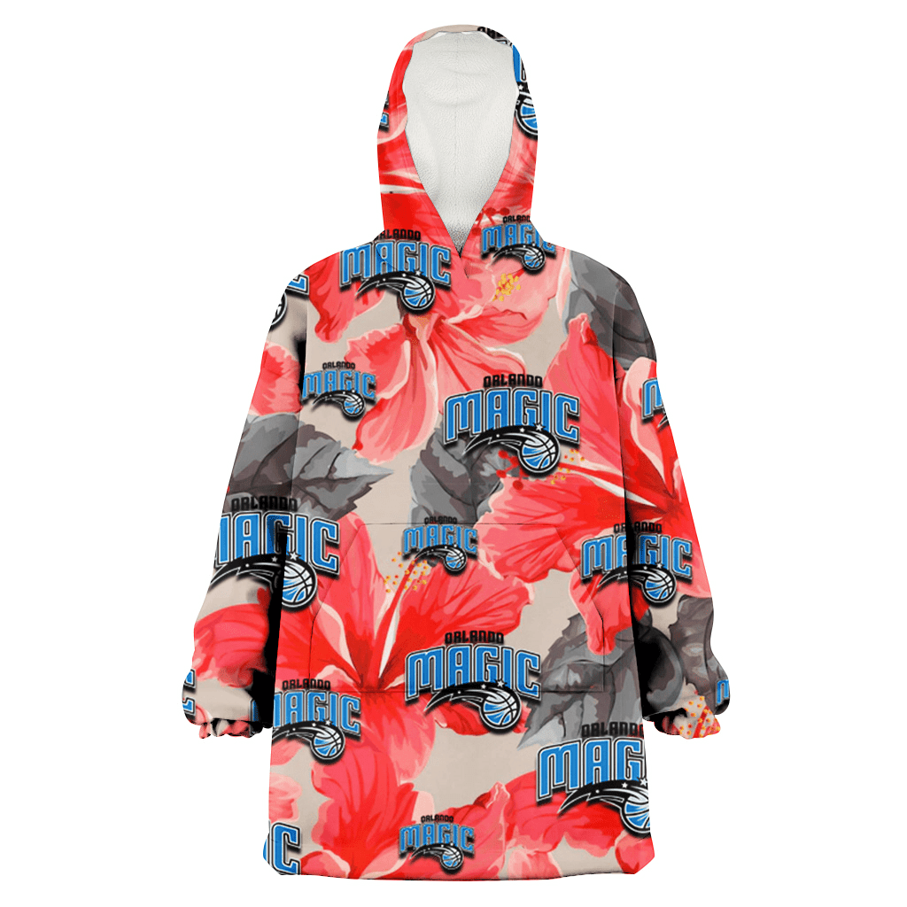 Orlando Magic Red Hibiscus Gray Leaf Gainsboro Background 3D Printed Hoodie Blanket Snug Hoodie