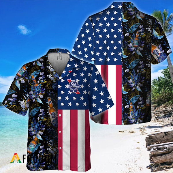 Us Flag Pabst Blue Ribbon Tropical Flowers Hawaiian Shirt