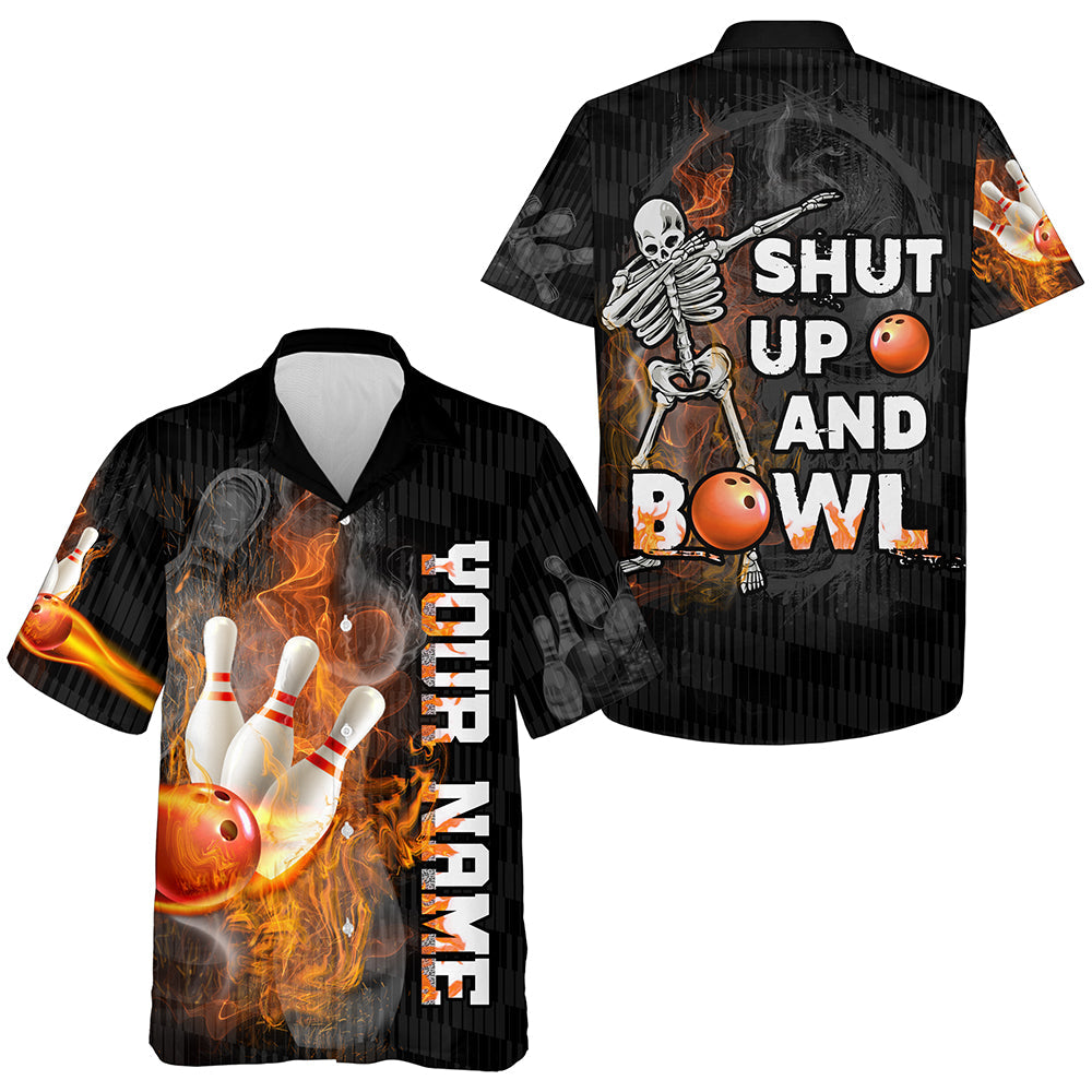 Shut Up And Bowl Funny Hawaiian Bowling Shirt Personalized Flame Bowling Skull Bowler Jersey