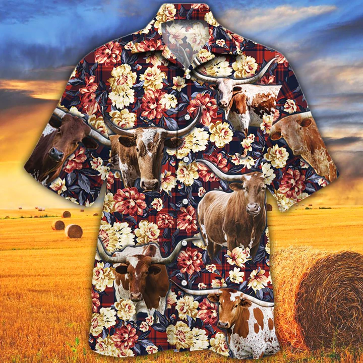 Tx Longhorn Cattle Red Plaid Pattern Hawaiian Shirt, Cow Hawaiian Shirt Men, Summer Hawaiian Shirt, Animal Shirt