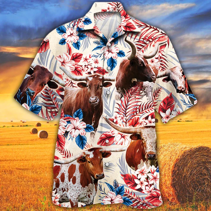 Tx Longhorn Cattle Lovers Texas Flag Hawaiian Shirt, Cow Hawaiian Shirt Vintage Flower, Hawaiian Shirt Men, Hawaiian Shirt Women