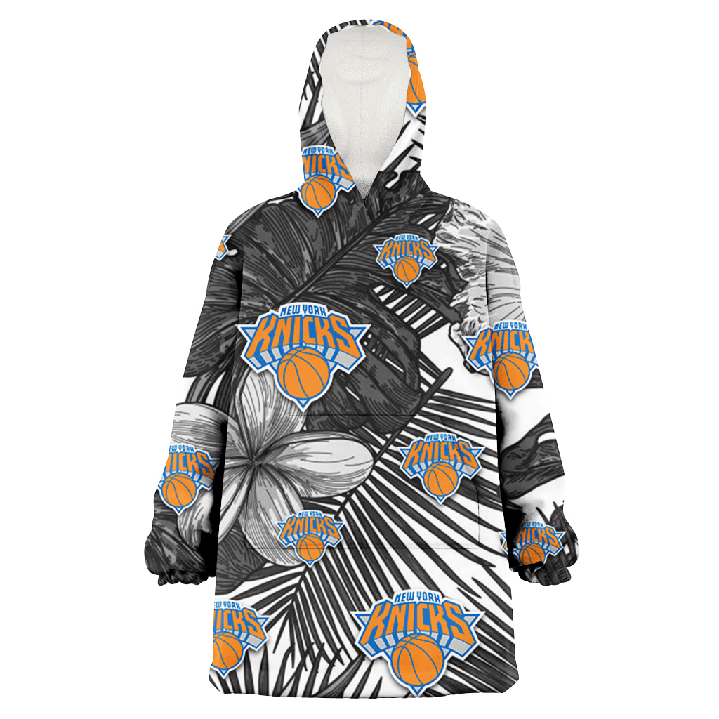 New York Knicks Grey Sketch Hibiscus Palm Leaf White Background 3D Printed Hoodie Blanket Snug Hoodie