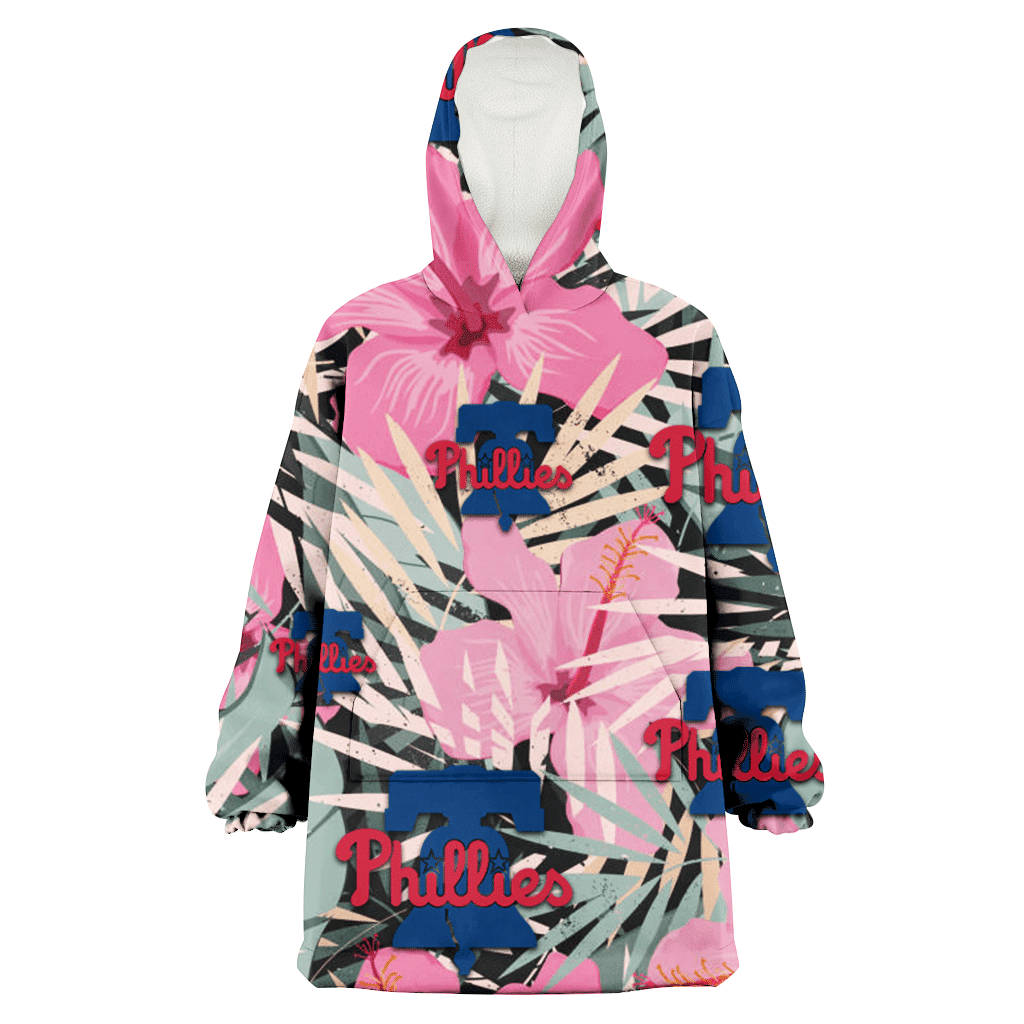 Philadelphia Phillies Light Pink Hibiscus Pale Green Leaf Black Background 3D Printed Hoodie Blanket Snug Hoodie