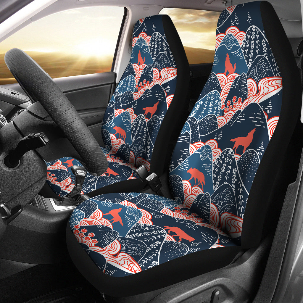 Wolf Oriental Mountains Fabric Pattern Car Seat Covers New Collection, Seat Covers Full Set, Carseat Covers, Automotive Seat Covers