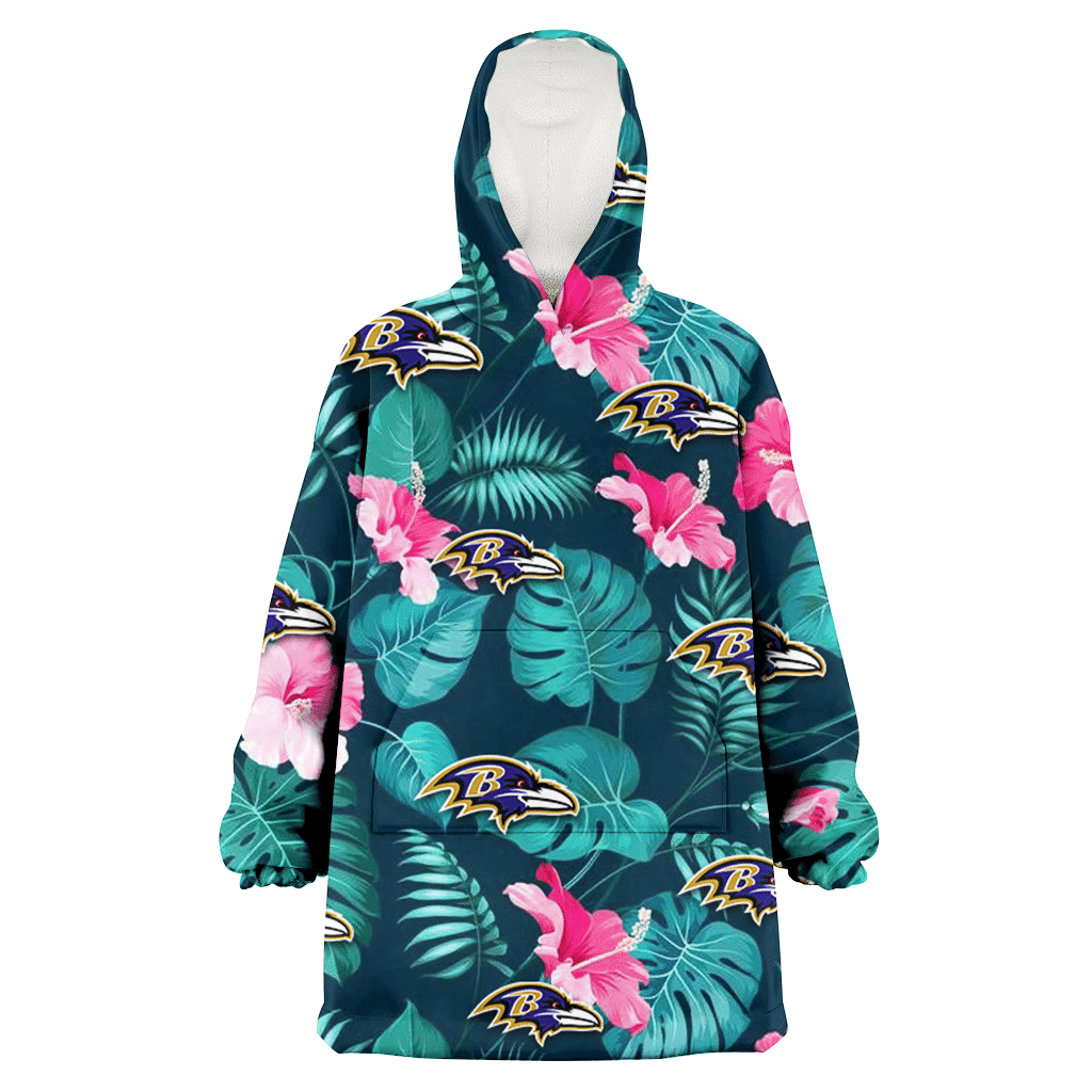 Baltimore Ravens Pink Hibiscus Green Leaves Dark Background 3D Printed Hoodie Blanket Snug Hoodie