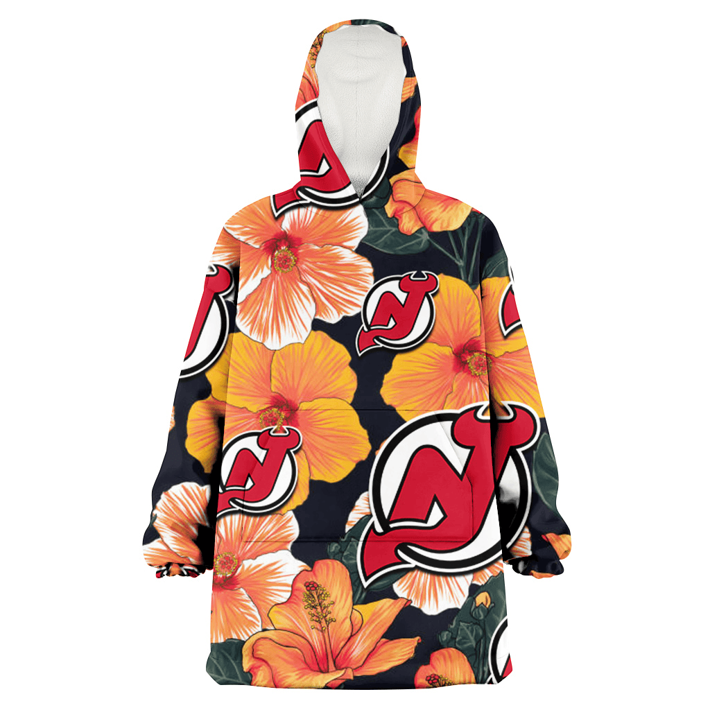 New Jersey Devils Orange Hibiscus Dark Green Leaf Black Background 3D Printed Hoodie Blanket Snug Hoodie