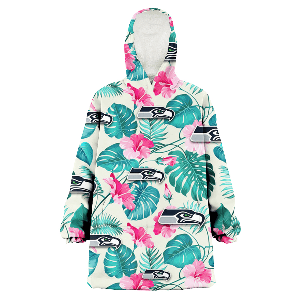 Seattle Seahawks Pink Hibiscus Green Leaf Beige Background 3D Printed Hoodie Blanket Snug Hoodie