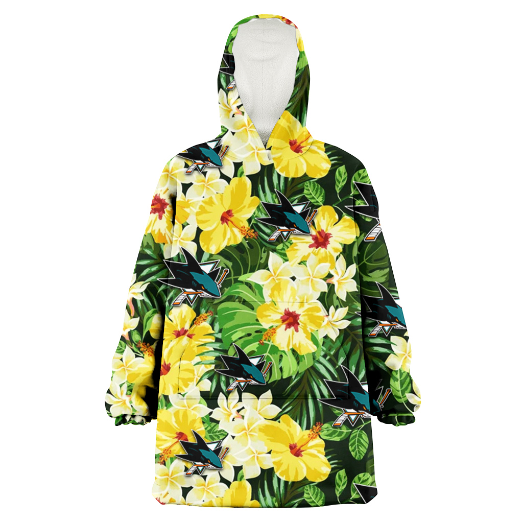 San Jose Sharks Yellow Hibiscus Tropical Green Leaf Black Background 3D Printed Hoodie Blanket Snug Hoodie