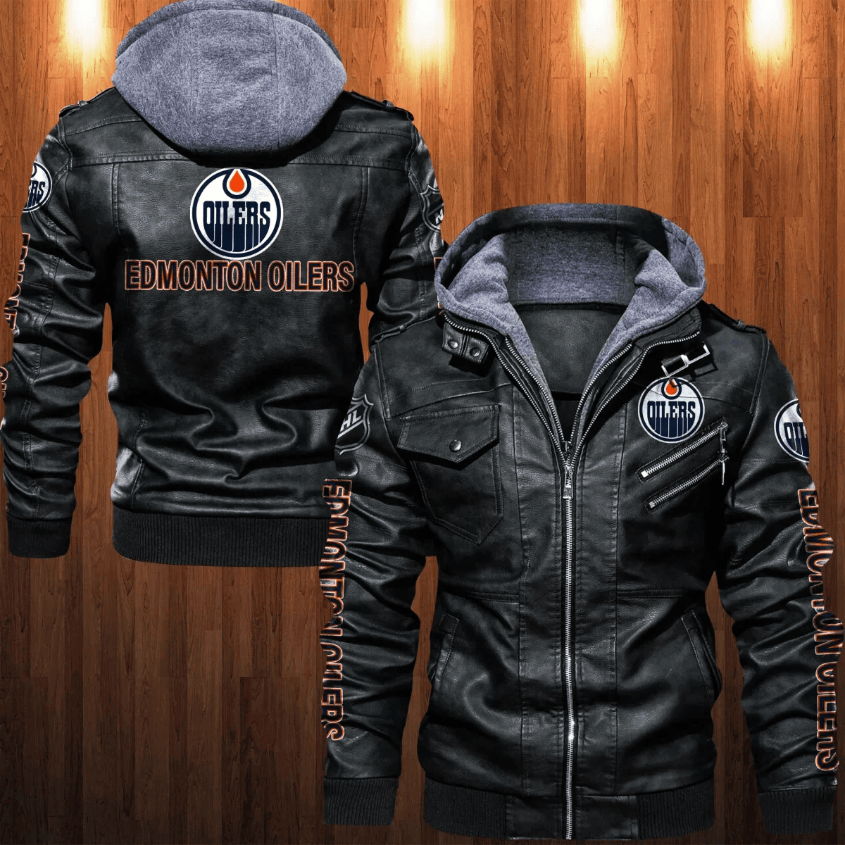 Edmonton Oilers Zip Leather Jacket With Hood