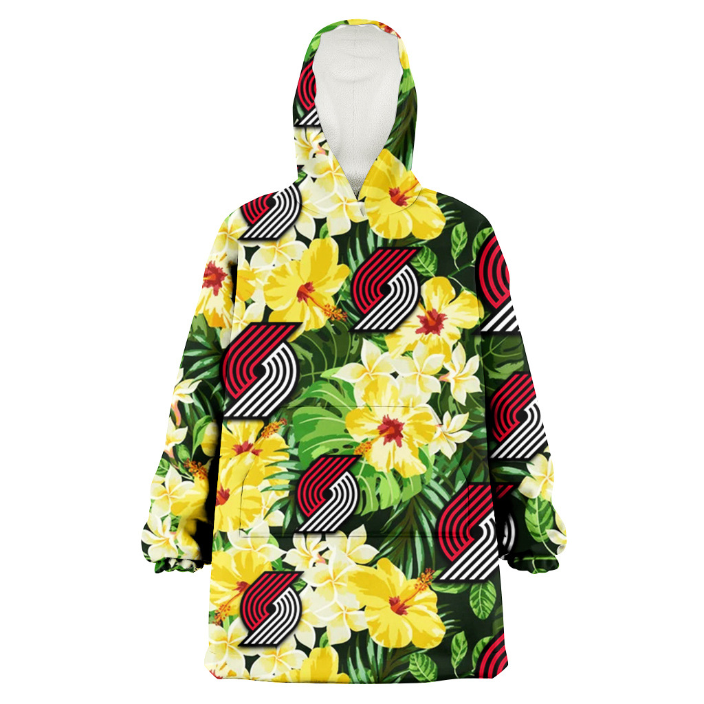 Portland Trail Blazers Yellow Hibiscus Tropical Green Leaf Black Background 3D Printed Hoodie Blanket Snug Hoodie