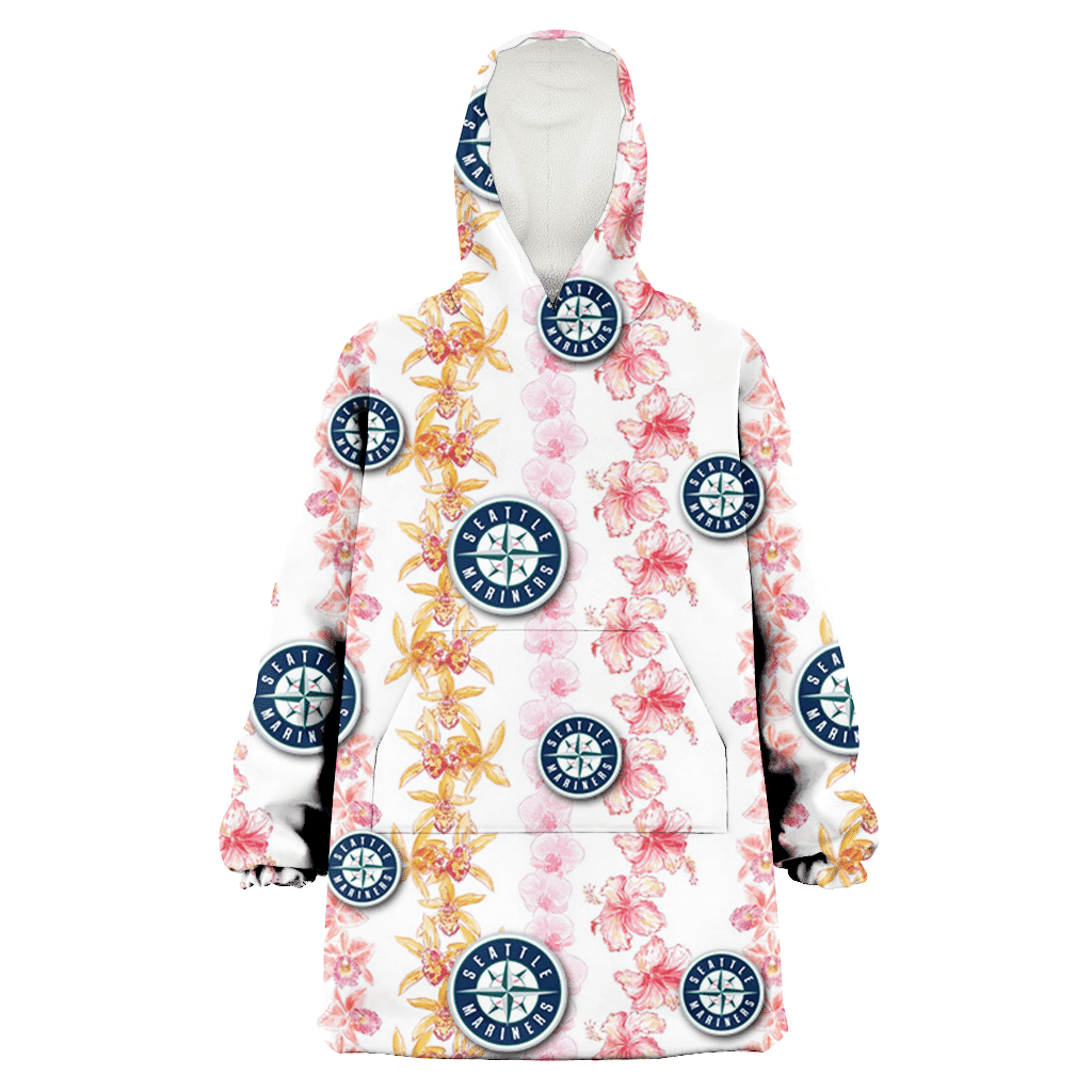 Seattle Mariners Pink Hibiscus Yellow Pink Orchid White Background 3D Printed Hoodie Blanket Snug Hoodie