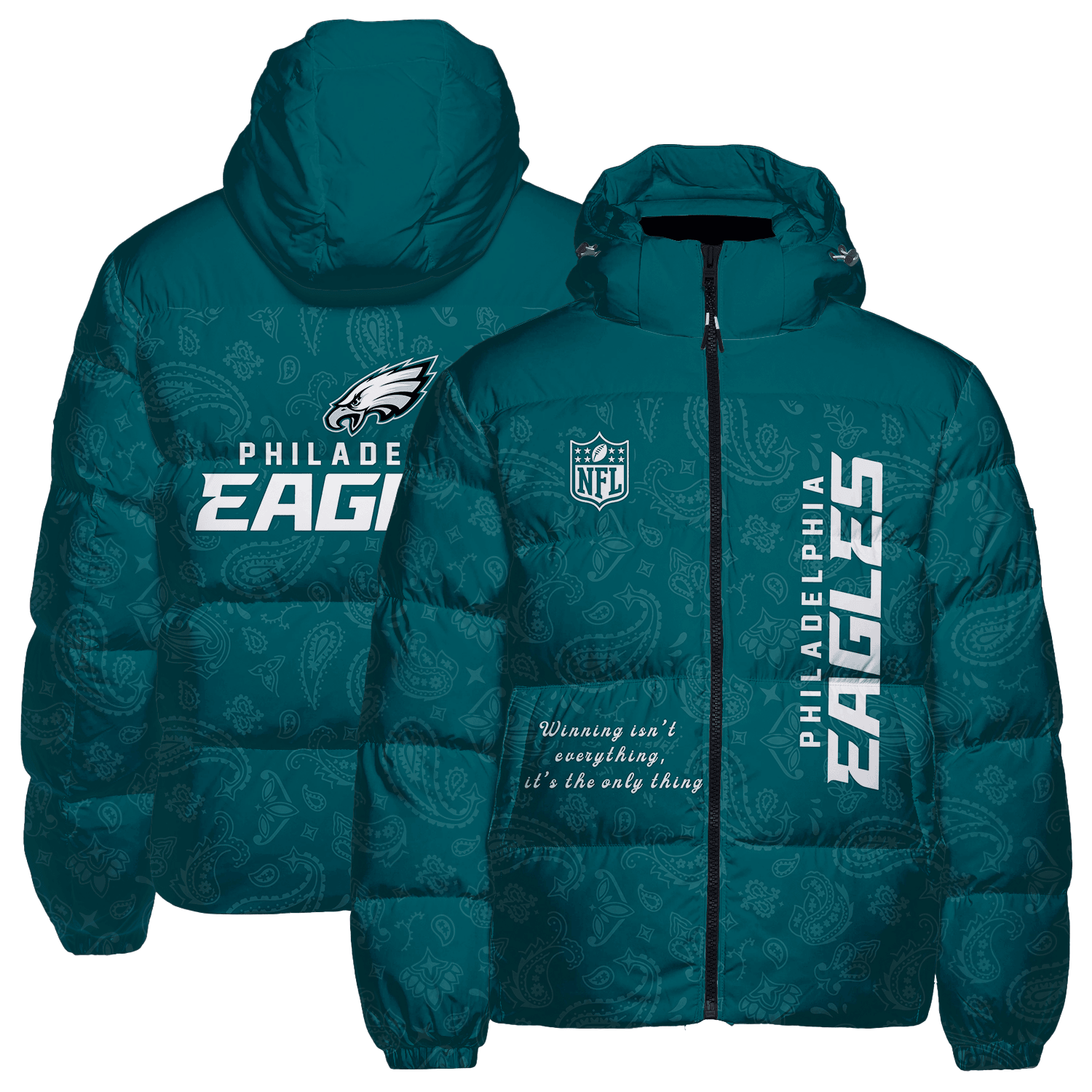 Philadelphia Eagles NFL Team Logo Wordmark Paisley Pattern Puffer Jacket