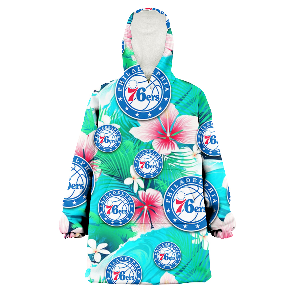 Philadelphia 76ers Pink Hibiscus Green Leaf Blue Background 3D Printed Hoodie Blanket Snug Hoodie