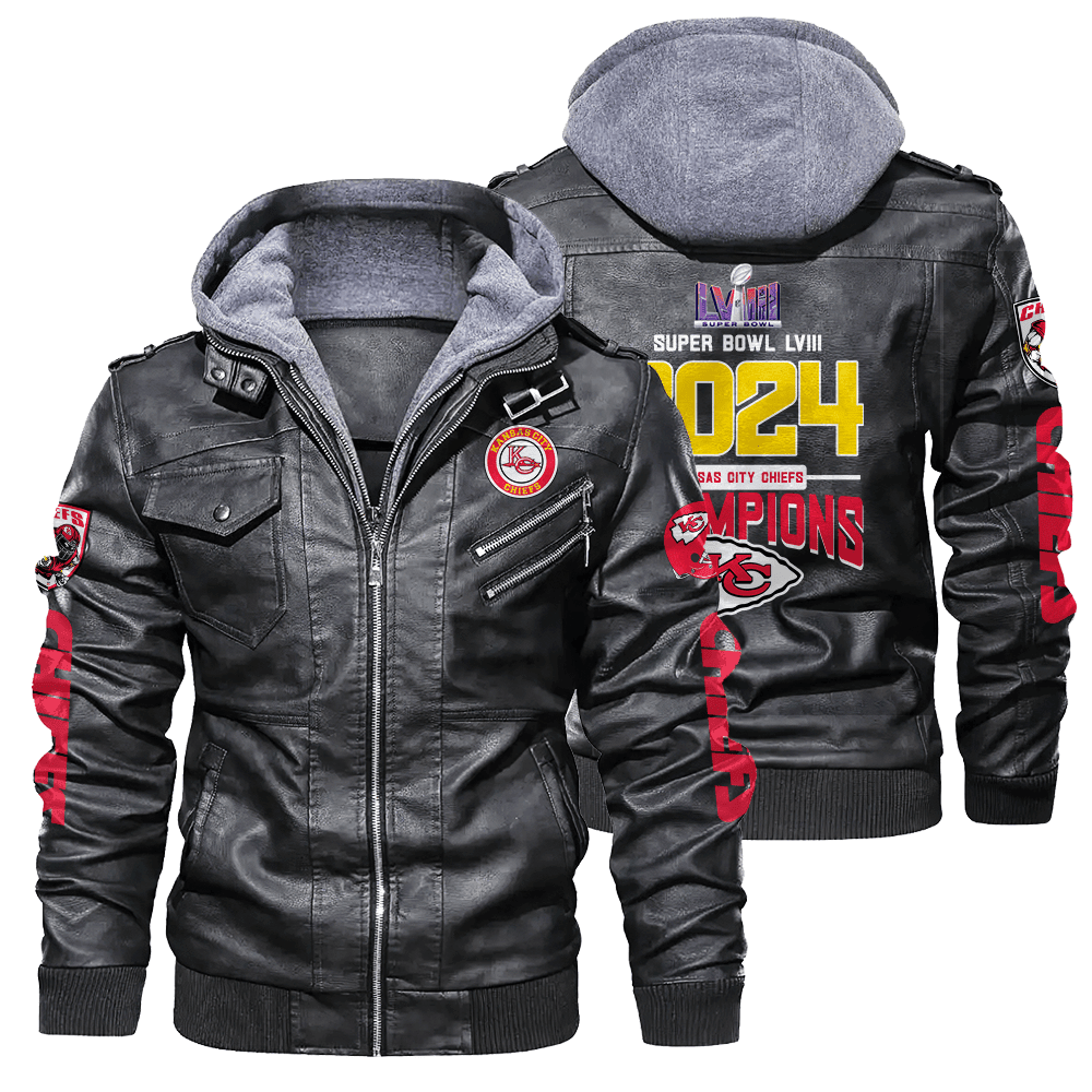 Kansas City Chiefs NFL Division Super Bowl LVIII 2024 Champions Zip Black Leather Jacket With Hood