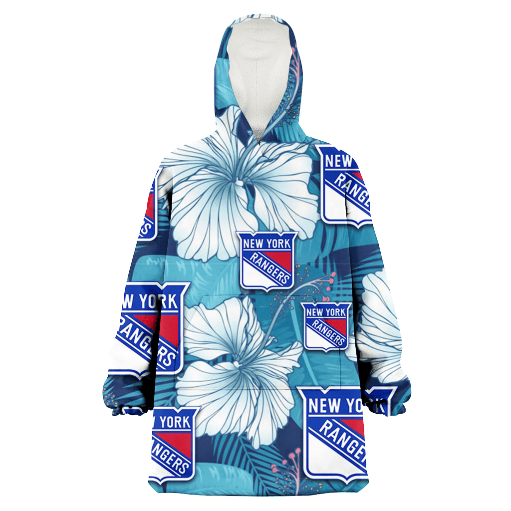 New York Rangers White Hibiscus Turquoise Banana Leaf Navy Background 3D Printed Hoodie Blanket Snug Hoodie