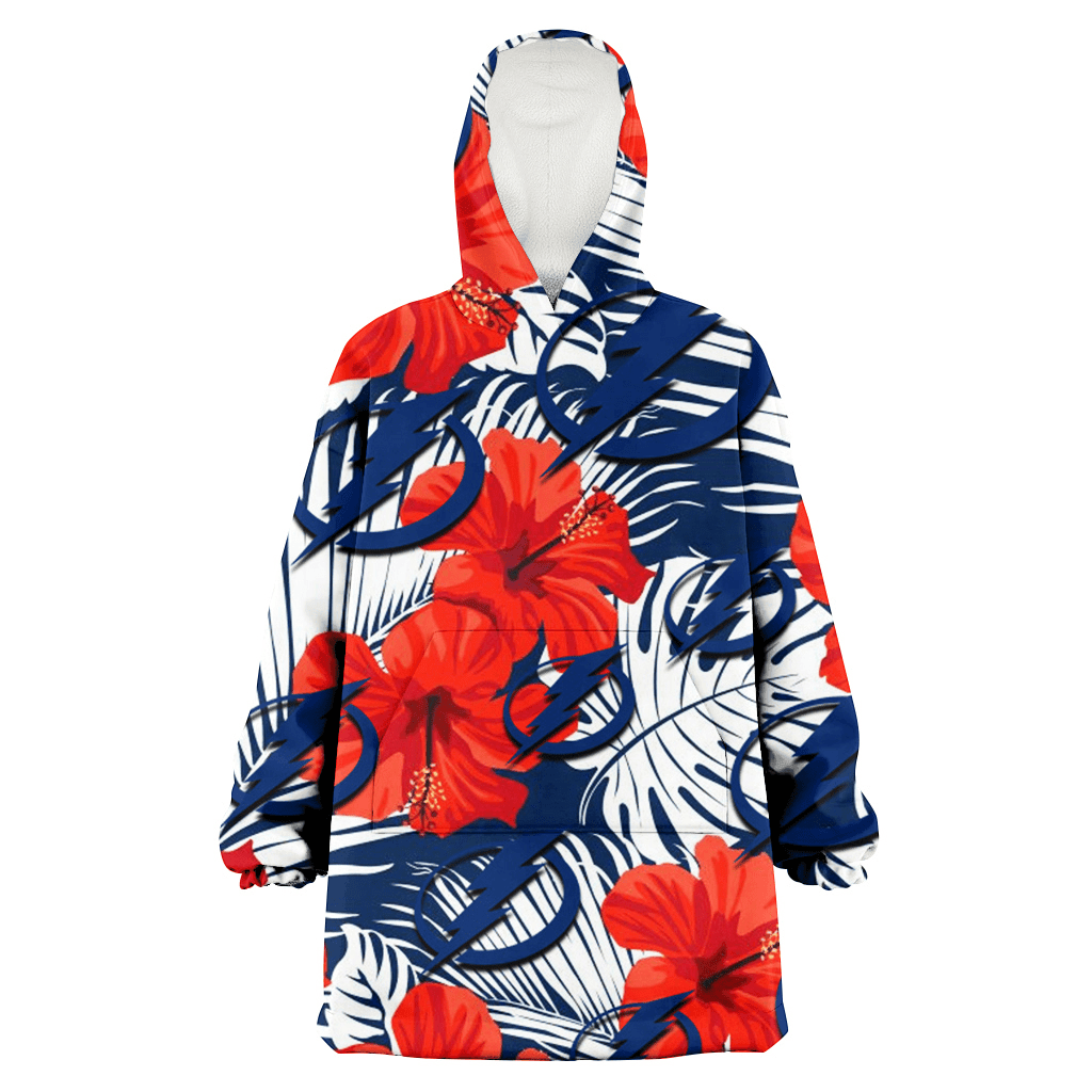 Tampa Bay Lightning White Tropical Leaf Red Hibiscus Navy Background 3D Printed Hoodie Blanket Snug Hoodie