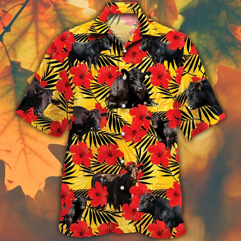 Black Angus Cattle Lovers Hibiscus Flower Hawaiian Shirt