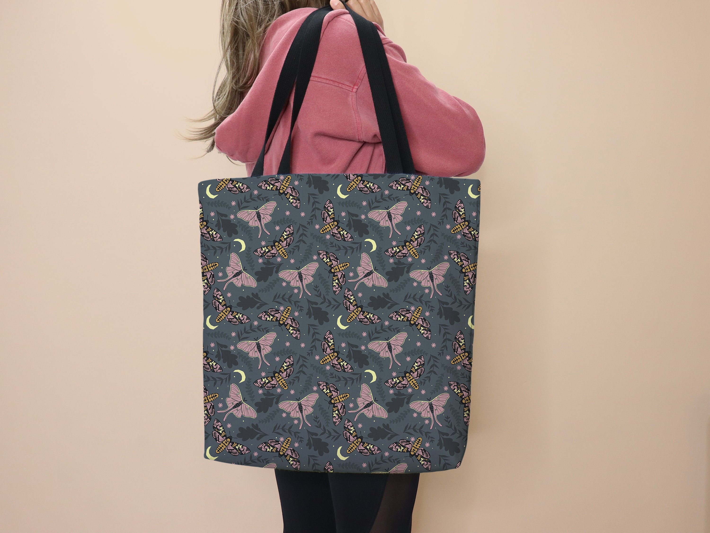 Moth Tote Bag Butterfly Bag School Tote Moth Gift for Her Cute Bag Moth Moon Night Everyday Tote Grocery Bag Moth Insect Work Tote Canvas