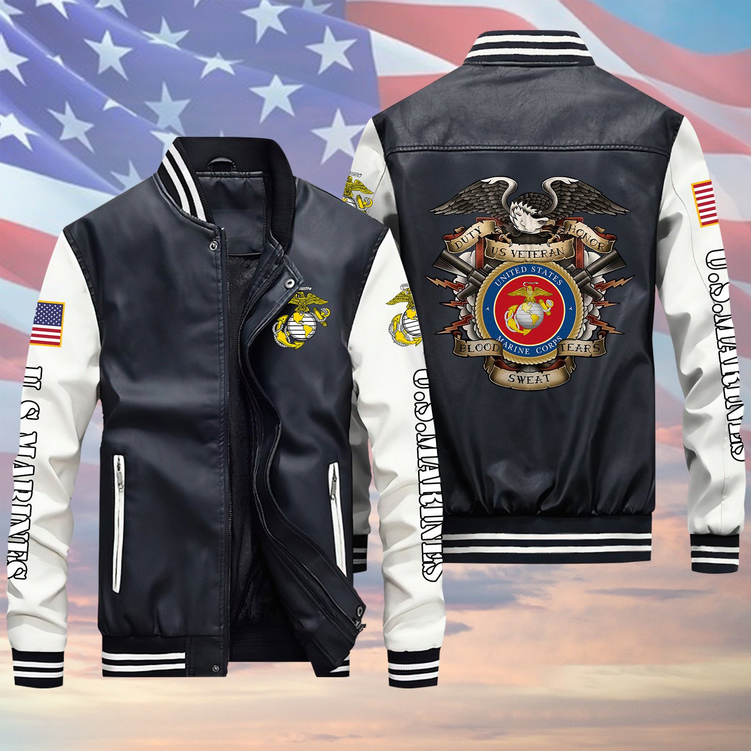 U.S Marine Veteran Duty Honor Blood Tears Sweat Black Winter Gear Leather Bomber Leterman Varsity Jacket