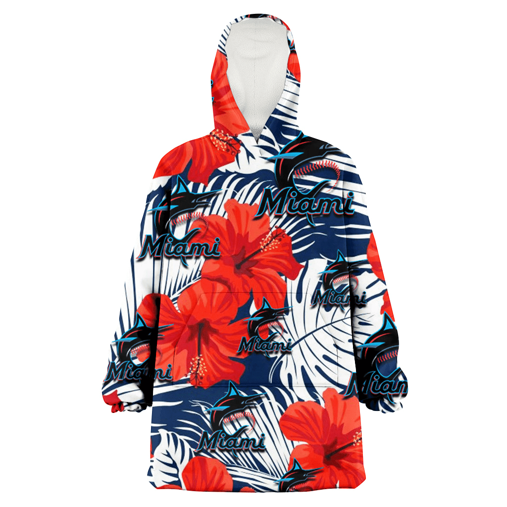 Miami Marlins White Tropical Leaf Red Hibiscus Navy Background 3D Printed Hoodie Blanket Snug Hoodie