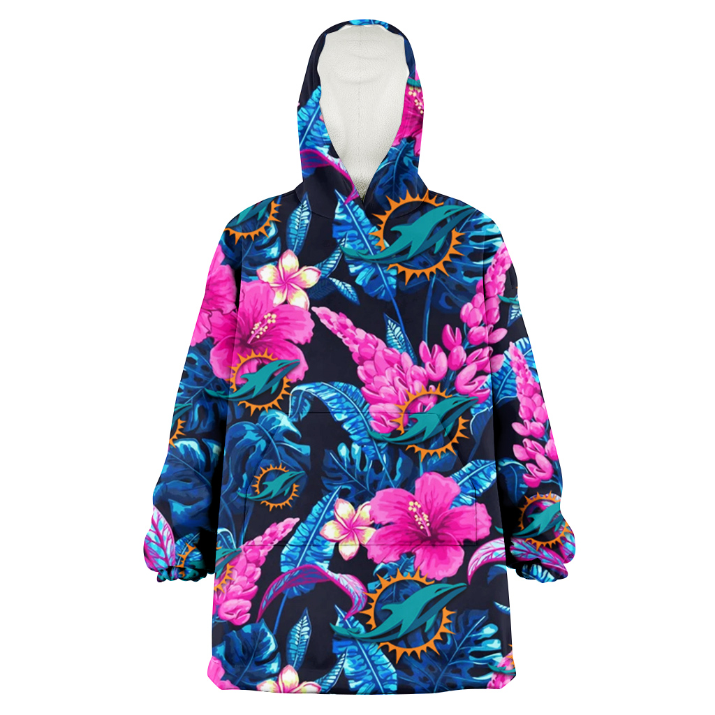 Miami Dolphins Violet Red Hibiscus Blue Leaf Black Background 3D Printed Hoodie Blanket Snug Hoodie